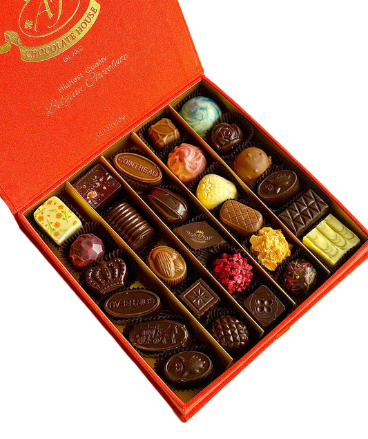 Šokoladinių saldainių asorti, oranžinė vidutinė dėžutė, 350 g