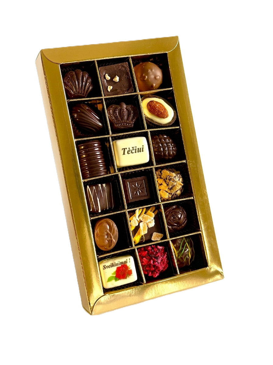 Šokoladinių saldainių asorti auksinėje dėžutėje "TĖČIUI", 250 g